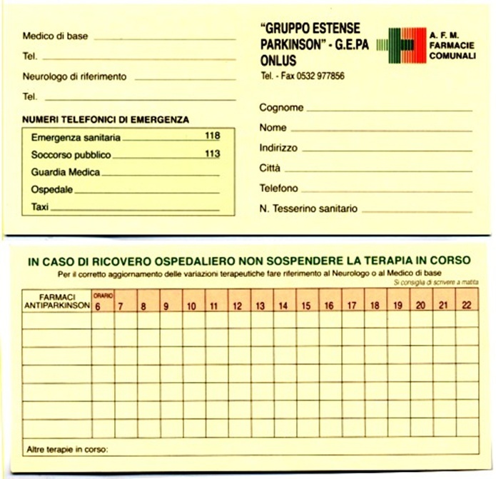 Gruppo estense parkinson - tesserino teraupetico gepa